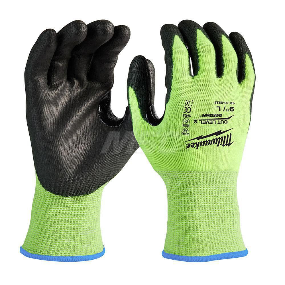 Cut, Puncture & Abrasive-Resistant Gloves: Size L, ANSI Cut A2, ANSI Puncture 0, Nitrile, Polyurethane High-Visibility Yellow, Palm & Fingers Coated, Polyester Lined, Polyurethane Back, Smooth Grip, ANSI Abrasion 0