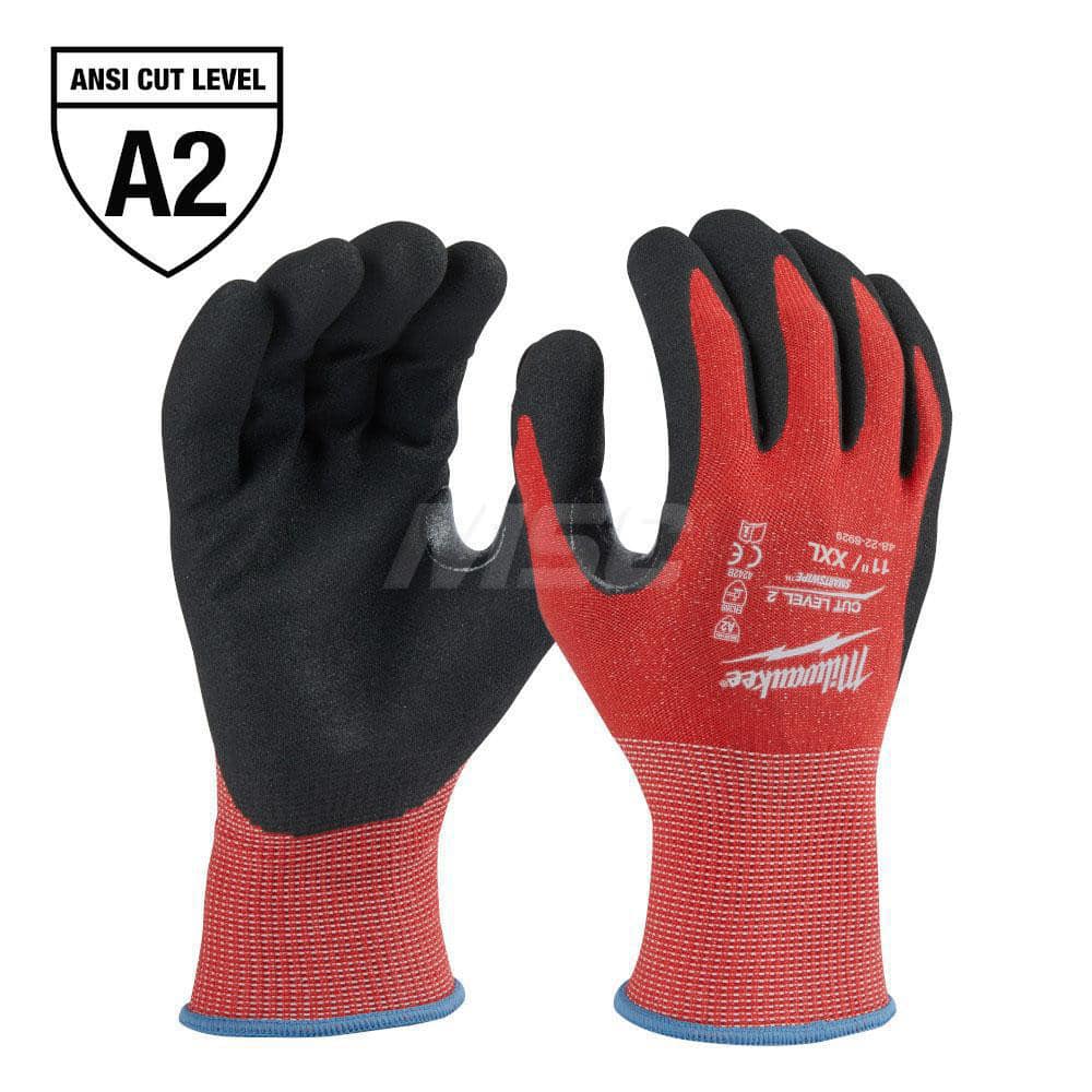 Cut, Puncture & Abrasive-Resistant Gloves: Size 2XL, ANSI Cut A2, ANSI Puncture 0, Nitrile, Nylon Red, Palm & Fingers Coated, Nitrile Lined, Nylon Back, Smooth Grip, ANSI Abrasion 0