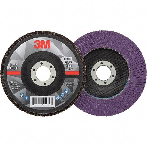 3M - 5" Disc Diam, 7/8" Center Hole, Type 27 Ceramic Flap Disc - 12,000 Max RPM, Fiberglass Backing, Arbor Attaching System, Coated - USA Tool & Supply