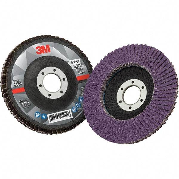 3M - 4-1/2" Disc Diam, 7/8" Center Hole, Type 29 Ceramic Flap Disc - 13,300 Max RPM, Fiberglass Backing, Arbor Attaching System, Coated - USA Tool & Supply