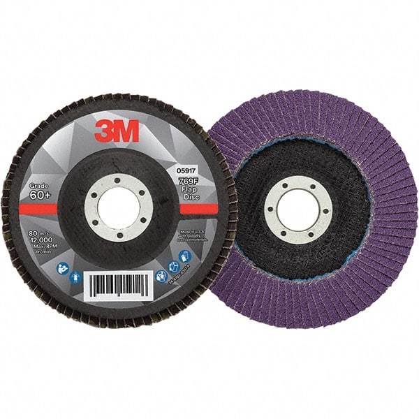 3M - 5" Disc Diam, 7/8" Center Hole, Type 27 Ceramic Flap Disc - 12,000 Max RPM, Fiberglass Backing, Arbor Attaching System, Coated - USA Tool & Supply