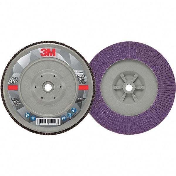 3M - 7" Disc Diam, 5/8-11 Center Hole, Type 29 Ceramic Flap Disc - 8,600 Max RPM, Plastic Backing, Arbor Attaching System, Coated - USA Tool & Supply