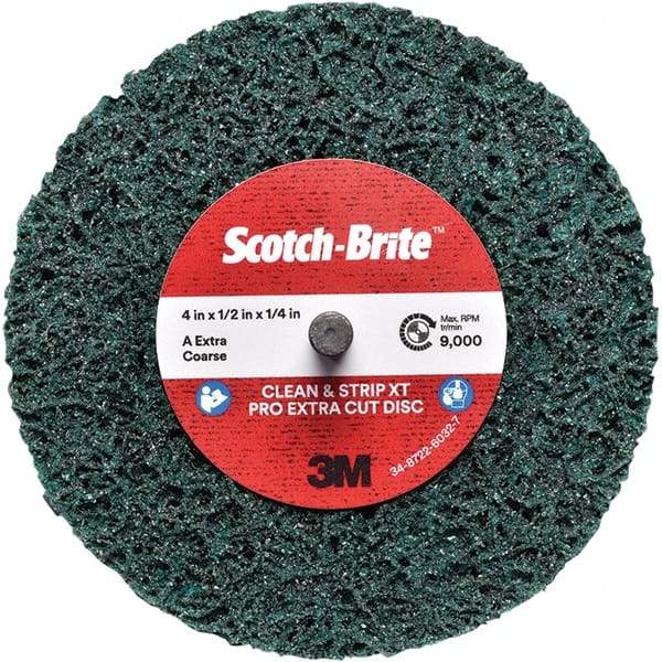 3M - 4" Extra Coarse Grade Aluminum Oxide Deburring Disc - 1/4" Center Hole, Quick Change Connection, Green, 12,000 Max RPM - USA Tool & Supply