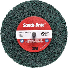 3M - 4" Extra Coarse Grade Aluminum Oxide Deburring Disc - 1/4" Center Hole, Quick Change Connection, Green, 12,000 Max RPM - USA Tool & Supply
