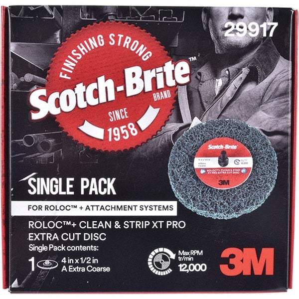 3M - 4" Extra Coarse Grade Aluminum Oxide Deburring Disc - 1/2" Center Hole, Quick Change Connection, Green, 12,000 Max RPM - USA Tool & Supply