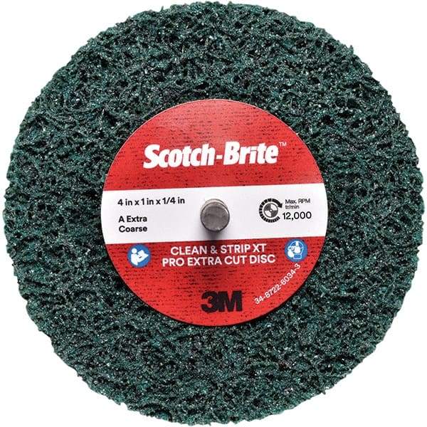 3M - 4" Extra Coarse Grade Aluminum Oxide Deburring Disc - 1/4" Center Hole, Quick Change Connection, Green, 12,000 Max RPM - USA Tool & Supply