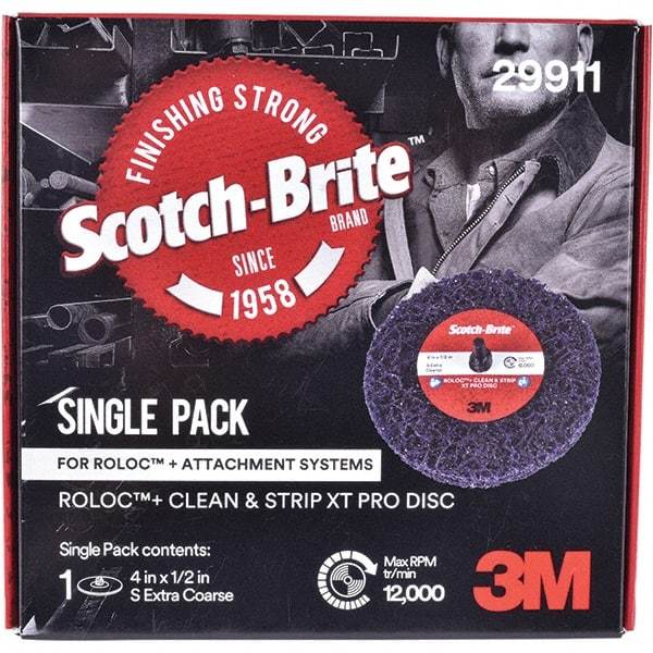 3M - 4" Extra Coarse Grade Silicon Carbide Deburring Disc - 1/2" Center Hole, Quick Change Connection, Purple, 12,000 Max RPM - USA Tool & Supply