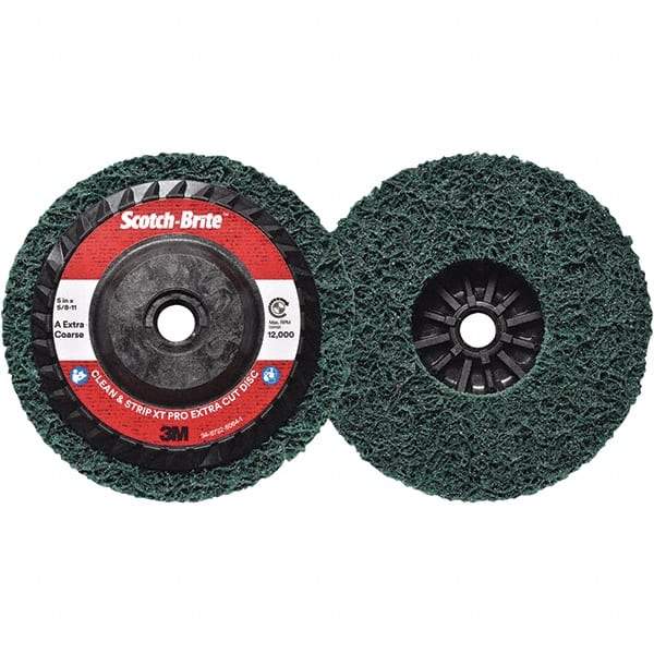 3M - 5" Extra Coarse Grade Aluminum Oxide Deburring Disc - 5/8-11 Threaded Center Hole, Quick Change Connection, Green, 12,000 Max RPM - USA Tool & Supply