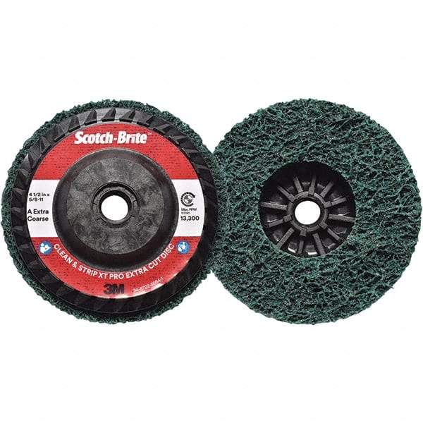 3M - 4-1/2" Extra Coarse Grade Aluminum Oxide Deburring Disc - 5/8-11 Threaded Center Hole, Quick Change Connection, Green, 13,300 Max RPM - USA Tool & Supply