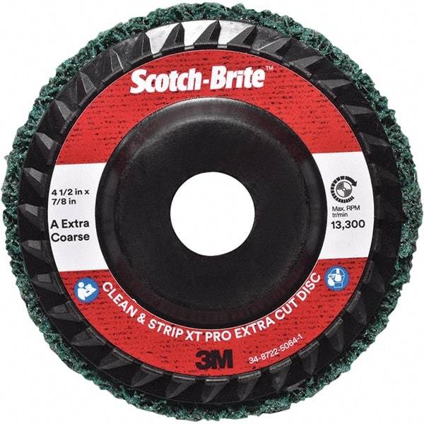3M - 4-1/2" Extra Coarse Grade Aluminum Oxide Deburring Disc - 7/8" Center Hole, Quick Change Connection, Green, 13,300 Max RPM - USA Tool & Supply