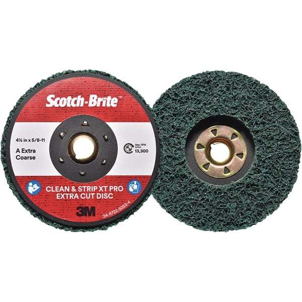 3M - 4-1/2" Extra Coarse Grade Aluminum Oxide Deburring Disc - 5/8-11 Threaded Center Hole, Quick Change Connection, Green, 13,300 Max RPM - USA Tool & Supply