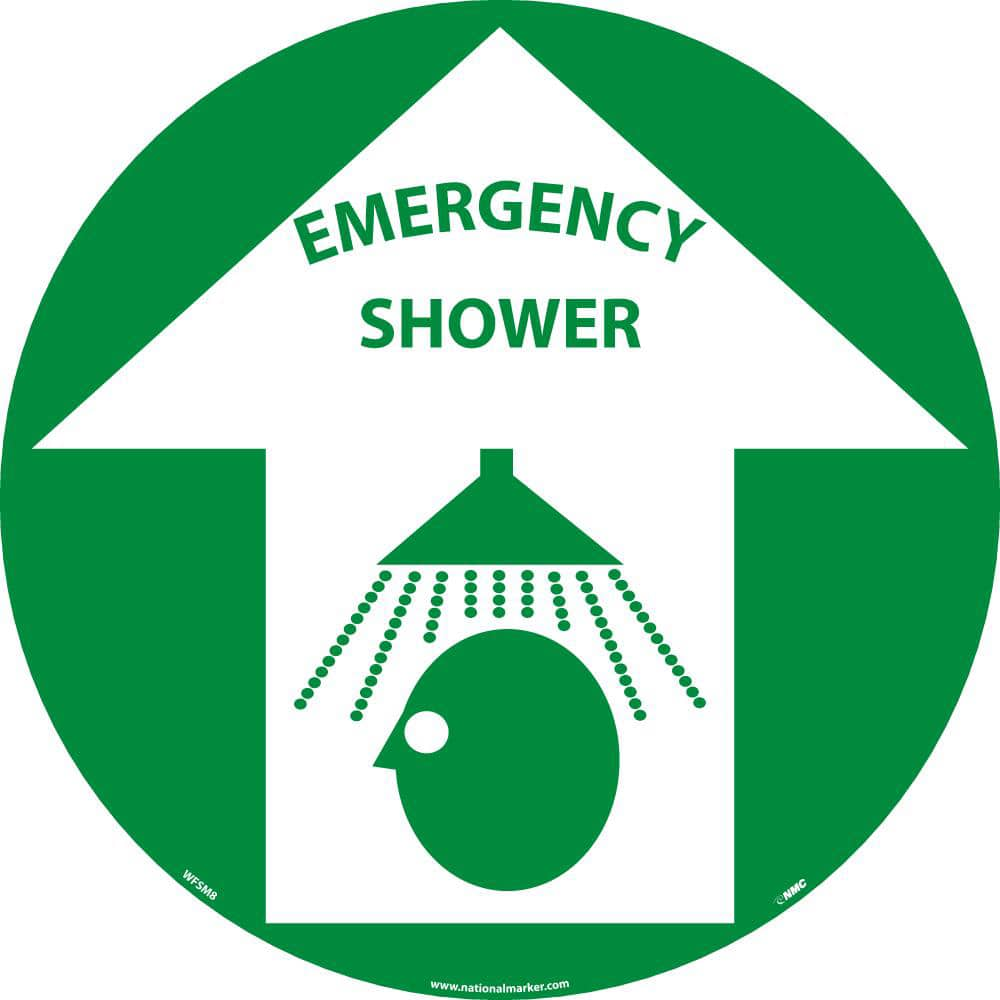 NMC - Adhesive Backed Floor Signs; Message Type: First Aid ; Graphic Type: Head under Shower in Up Arrow ; Message or Graphic: Message & Graphic ; Legend: Emergency Shower ; Color: Green; White ; Special Color Properties: No Special Properties - Exact Industrial Supply