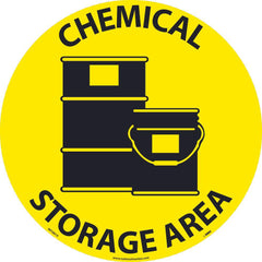 NMC - Adhesive Backed Floor Signs; Message Type: Hazardous Materials ; Graphic Type: Storage Drums ; Message or Graphic: Message & Graphic ; Legend: Chemical Storage Area ; Color: Black; Yellow ; Special Color Properties: No Special Properties - Exact Industrial Supply