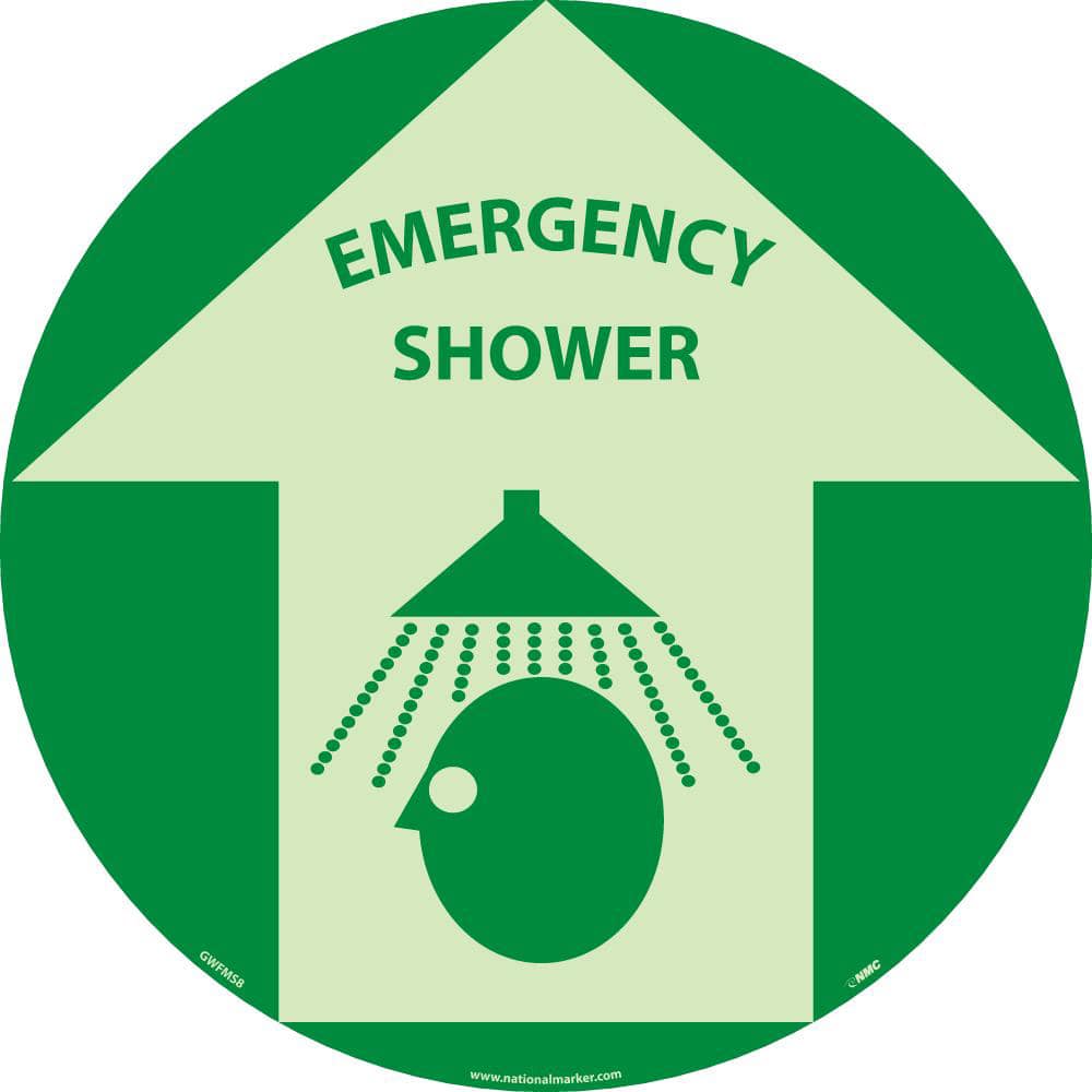 NMC - Adhesive Backed Floor Signs; Message Type: First Aid ; Graphic Type: Head under Shower in Up Arrow ; Message or Graphic: Message & Graphic ; Legend: Emergency Shower ; Color: Green; Beige ; Special Color Properties: Glow-In-The-Dark - Exact Industrial Supply