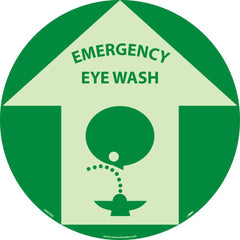 NMC - Adhesive Backed Floor Signs; Message Type: Restroom, Janitorial & Housekeeping ; Graphic Type: Head over Eye Wash ; Message or Graphic: Message & Graphic ; Legend: Emergency Eyewash ; Color: Green; Beige ; Special Color Properties: Glow-In-The-Dark - Exact Industrial Supply