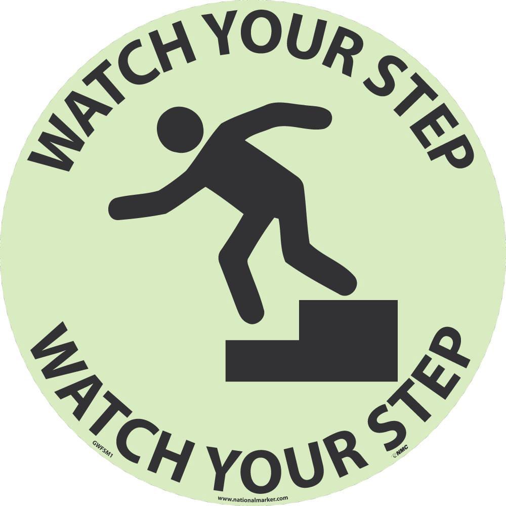 NMC - Adhesive Backed Floor Signs; Message Type: Accident Prevention ; Graphic Type: Falling Man ; Message or Graphic: Message & Graphic ; Legend: Watch Your Step ; Color: Green; Black ; Special Color Properties: Glow-In-The-Dark - Exact Industrial Supply