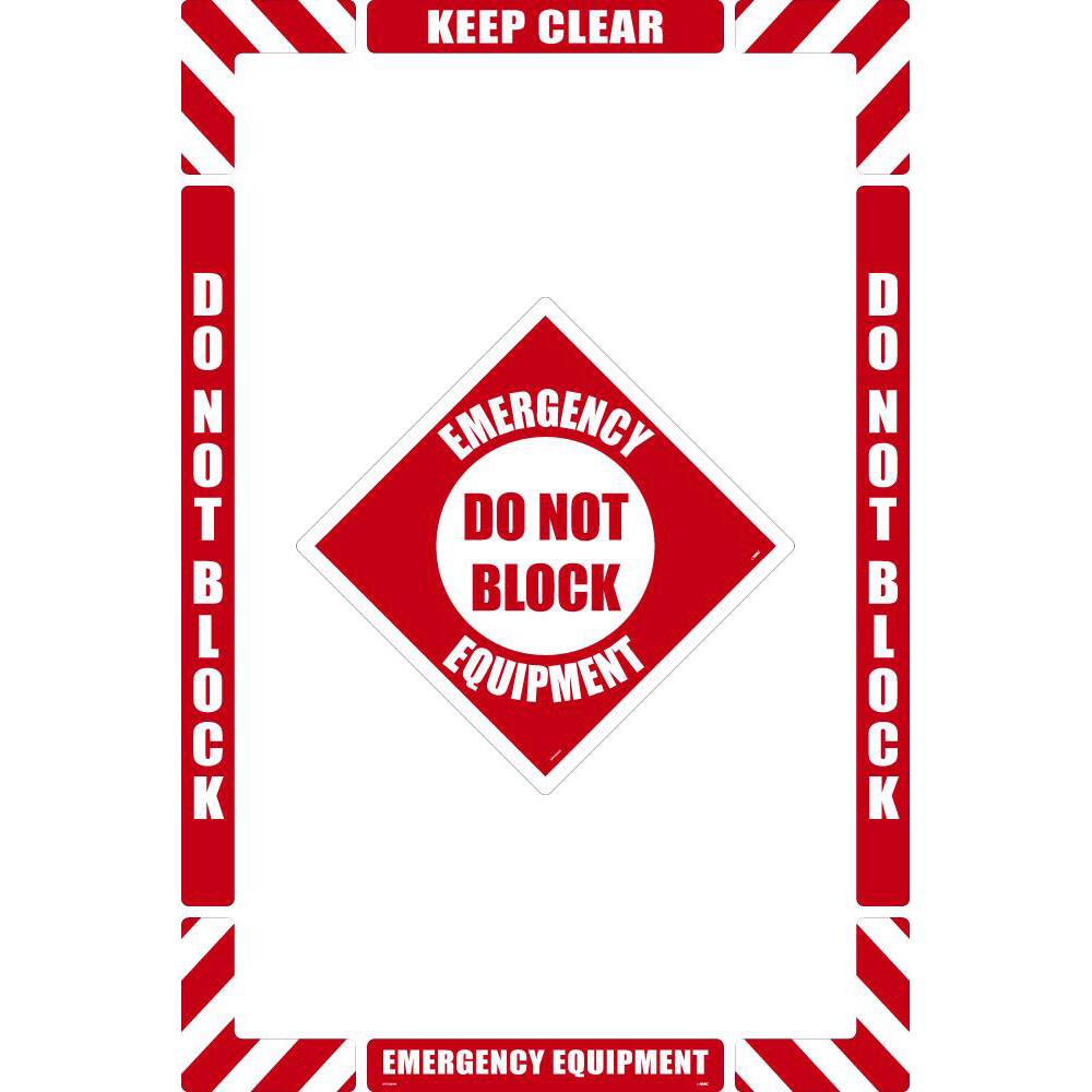 NMC - Adhesive Backed Floor Signs; Message Type: Accident Prevention ; Graphic Type: None ; Message or Graphic: Message Only ; Legend: Emergency Equipment Do Not Block ; Color: Red; White ; Special Color Properties: No Special Properties - Exact Industrial Supply