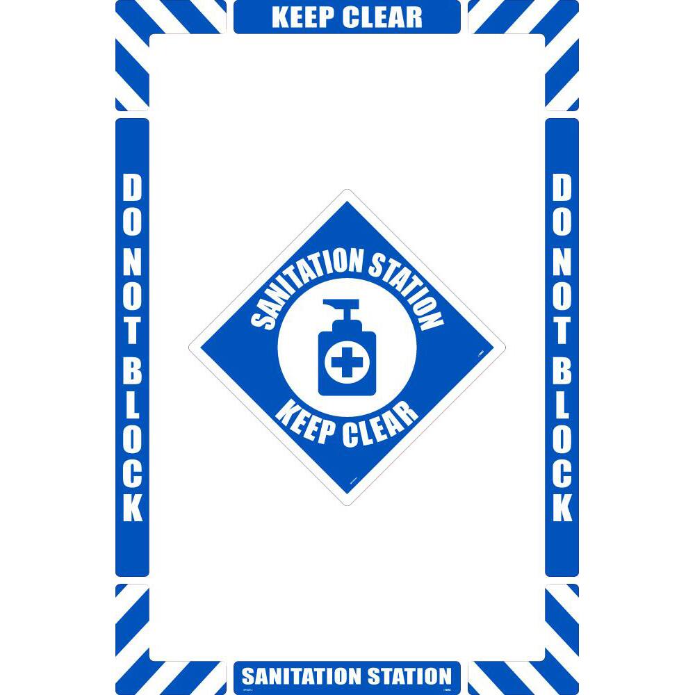 NMC - Adhesive Backed Floor Signs; Message Type: Restroom, Janitorial & Housekeeping ; Graphic Type: Sanitation Station ; Message or Graphic: Message & Graphic ; Legend: Sanitation Station Keep Clear ; Color: Blue; White ; Special Color Properties: No Sp - Exact Industrial Supply