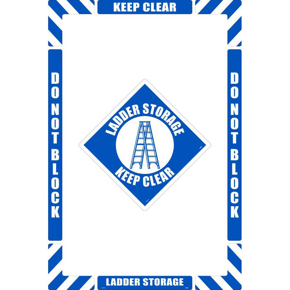 NMC - Adhesive Backed Floor Signs; Message Type: Accident Prevention ; Graphic Type: Ladder ; Message or Graphic: Message & Graphic ; Legend: Ladder Storage Keep Clear ; Color: Blue; White ; Special Color Properties: No Special Properties - Exact Industrial Supply