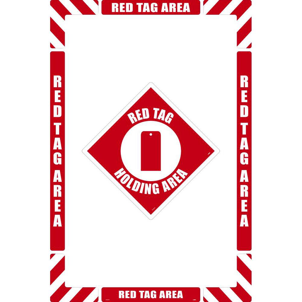 NMC - Adhesive Backed Floor Signs; Message Type: Restroom, Janitorial & Housekeeping ; Graphic Type: Red Tag ; Message or Graphic: Message & Graphic ; Legend: Red Tag Holding Area ; Color: Red; White ; Special Color Properties: No Special Properties - Exact Industrial Supply