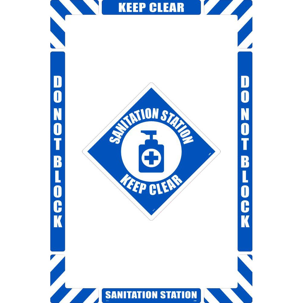 NMC - Adhesive Backed Floor Signs; Message Type: Restroom, Janitorial & Housekeeping ; Graphic Type: Sanitation Station ; Message or Graphic: Message & Graphic ; Legend: Sanitation Station Keep Clear ; Color: Blue; White ; Special Color Properties: No Sp - Exact Industrial Supply