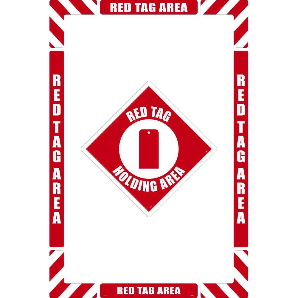 NMC - Adhesive Backed Floor Signs; Message Type: Restroom, Janitorial & Housekeeping ; Graphic Type: Red Tag ; Message or Graphic: Message & Graphic ; Legend: Red Tag Holding Area ; Color: Red; White ; Special Color Properties: No Special Properties - Exact Industrial Supply