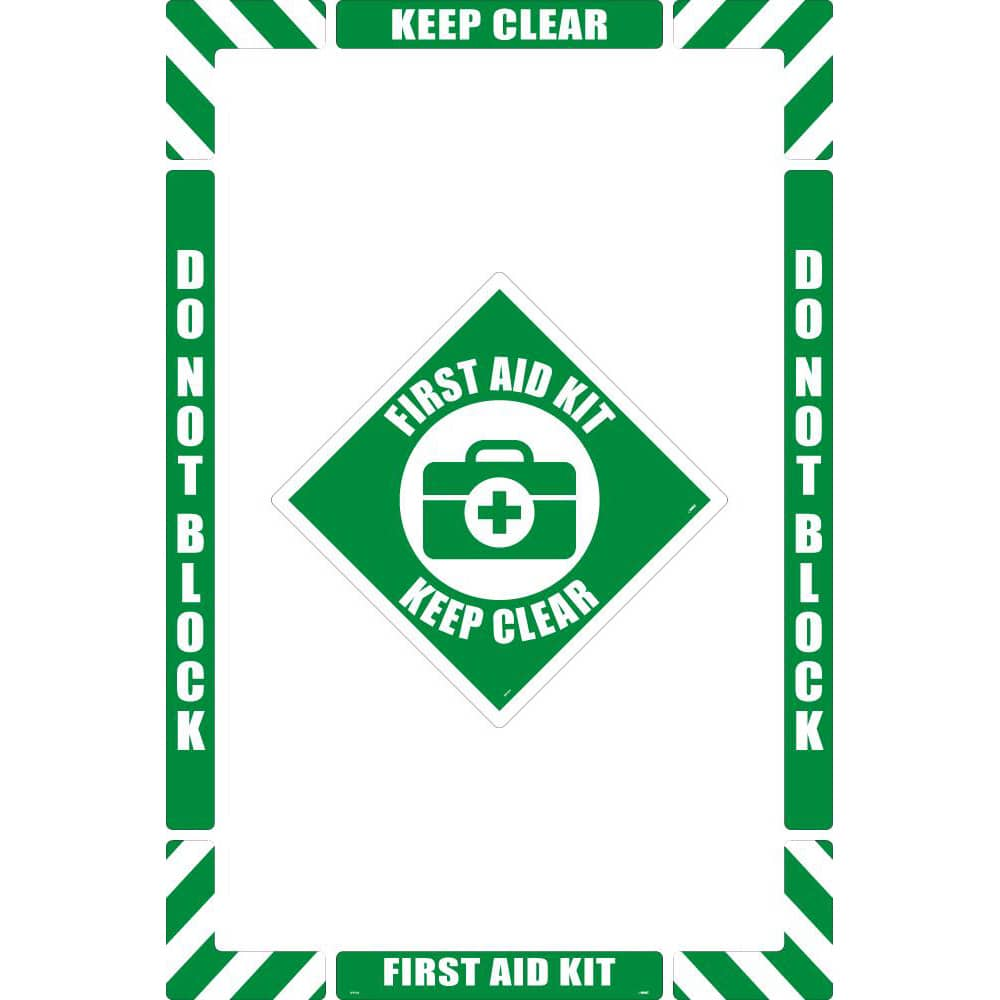 NMC - Adhesive Backed Floor Signs; Message Type: First Aid ; Graphic Type: First Aid Kit ; Message or Graphic: Message & Graphic ; Legend: First Aid Keep Clear ; Color: Green; White ; Special Color Properties: No Special Properties - Exact Industrial Supply