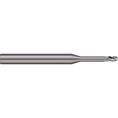 Ball End Mill: 0.1969″ Dia, 0.2362″ LOC, 2 Flute, Solid Carbide 56.5 mm OAL, 6 mm Shank Dia, 20 ° Helix, Uncoated, Single End