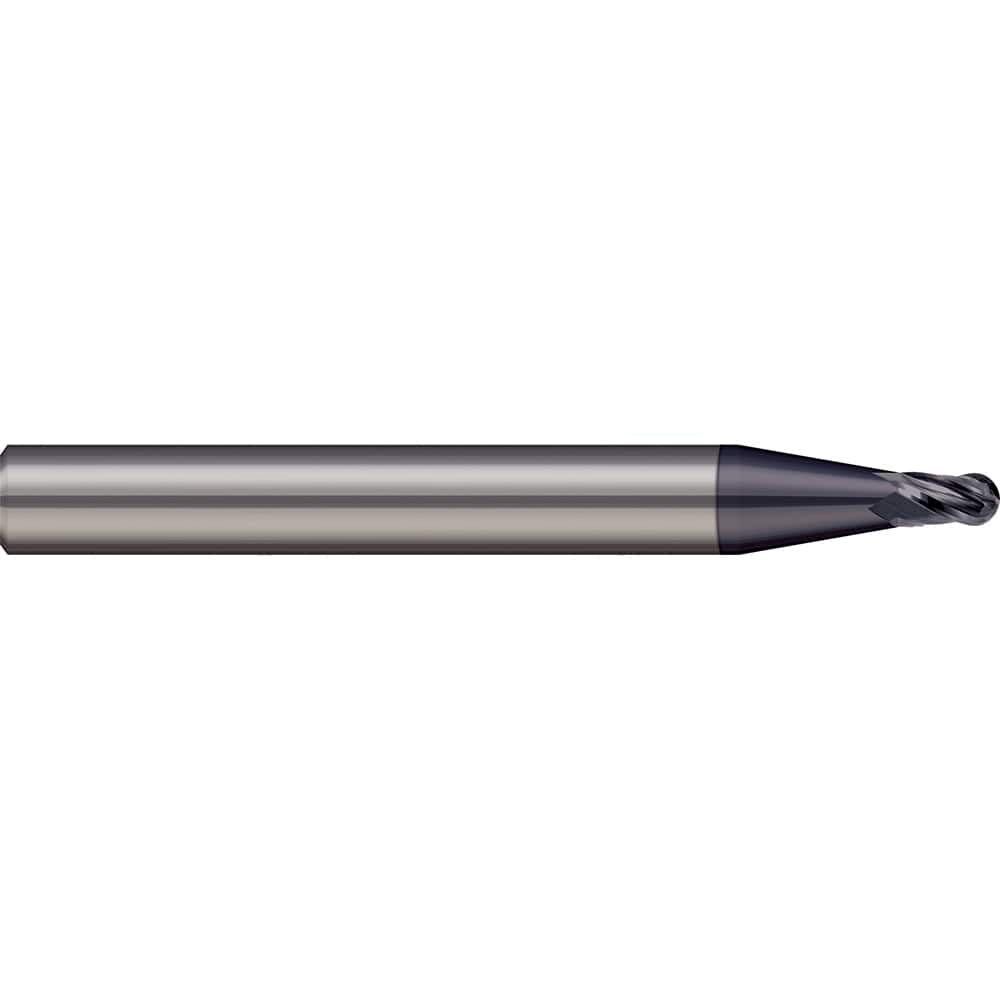 Ball End Mill: 0.0197″ Dia, 0.0276″ LOC, 2 Flute, Solid Carbide 37.5 mm OAL, 3 mm Shank Dia, 20 ° Helix, nACRo Coated, Single End