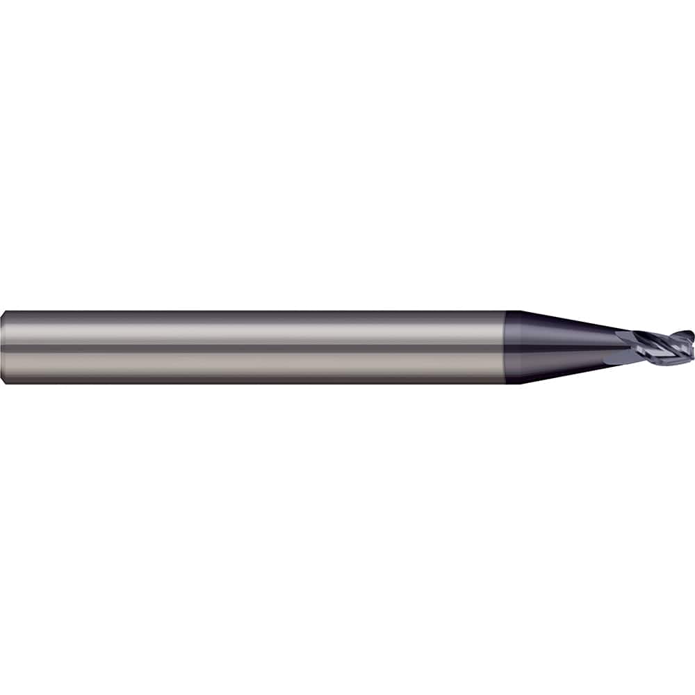 Corner Radius End Mill: 0.025″ Dia, 0.038″ LOC, 0.003″ Radius, 3 Flutes, Solid Carbide 1-1/2″ OAL, 1/8″ Shank Dia, 20 ° Helix, nACRo Coated, Corner Radius End
