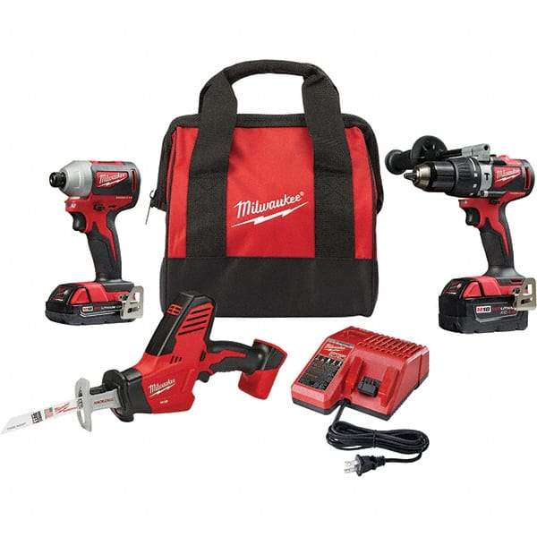 Milwaukee Tool - 18 Volt Cordless Tool Combination Kit - Includes Brushless Compact Hammer Drill, Brushless 1/4" Impact Driver & Hackzall Reciprocating Saw, Lithium-Ion Battery Included - USA Tool & Supply