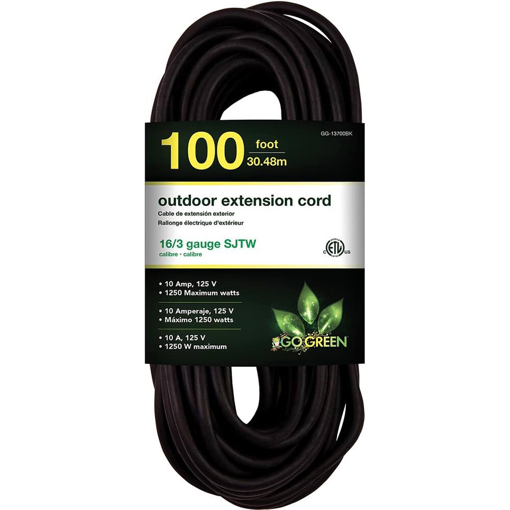 GoGreen Power - Power Cords; Cord Type: Extension Cord ; Overall Length (Feet): 100 ; Cord Color: Black ; Amperage: 10 ; Voltage: 125 ; Wire Gauge/Number of Conductors: 16/3 - Exact Industrial Supply