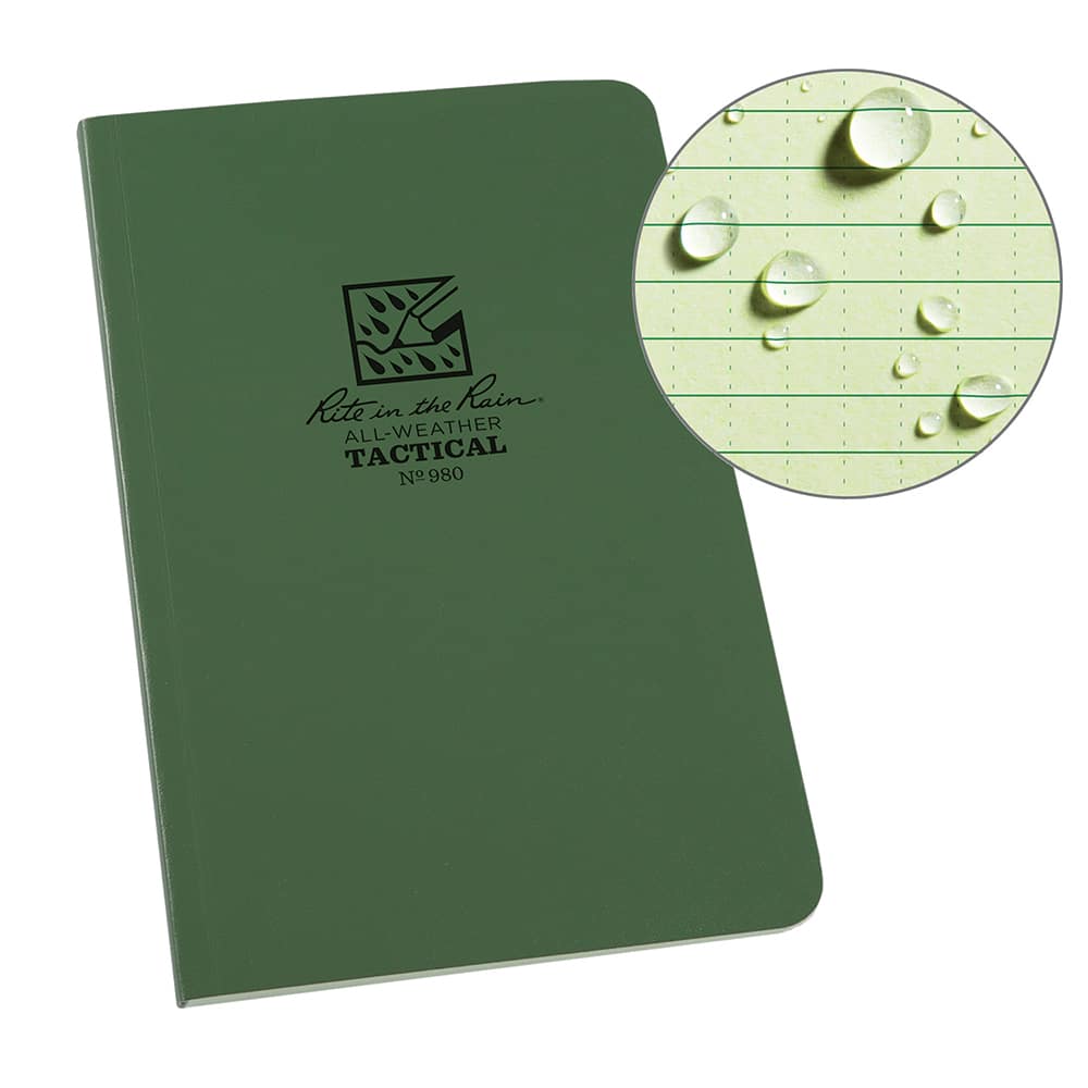 Rite in the Rain - Note Pads, Writing Pads & Notebooks; Writing Pads & Notebook Type: Tactical Notebook ; Size: 4-5/8 x 7 ; Number of Sheets: 80 ; Color: Green ; Additional Information: Weatherproof - Exact Industrial Supply