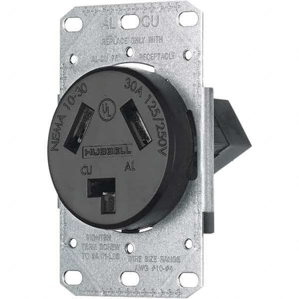 Hubbell Wiring Device-Kellems - 125/250 VAC 30A NEMA 10-30R Residential Grade Black Straight Blade Single Receptacle - USA Tool & Supply