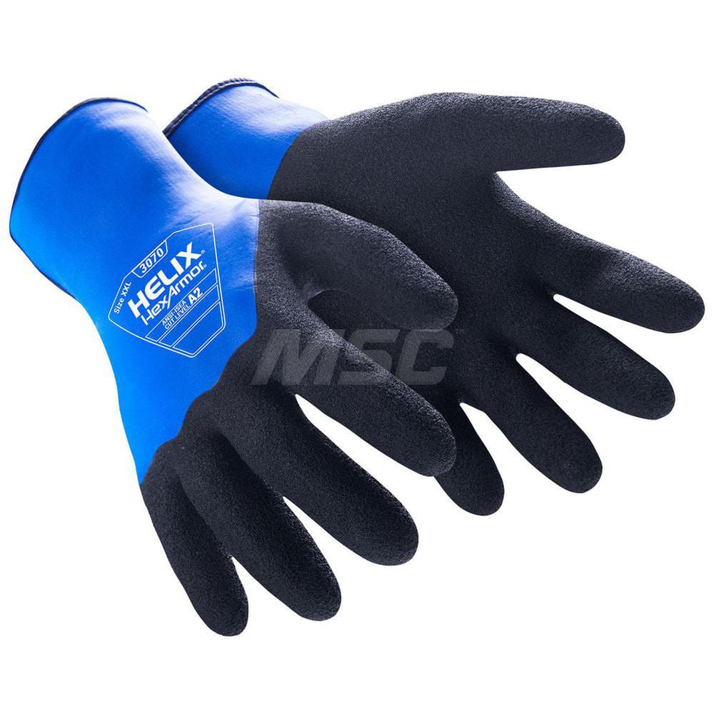 Cut & Puncture-Resistant Gloves: Size S, ANSI Cut A2, ANSI Puncture 0, Rubber & Latex, HPPE Blend Black & Blue, Full Coated, HPPE Blend Lined, HPPE Blend & Latex Back, Textured Grip