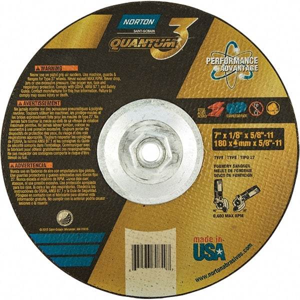 Norton - 24 Grit, 7" Wheel Diam, 1/8" Wheel Thickness, 5/8" Arbor Hole, Type 27 Depressed Center Wheel - Coarse Grade, Ceramic, Resinoid Bond, 8,600 Max RPM - USA Tool & Supply