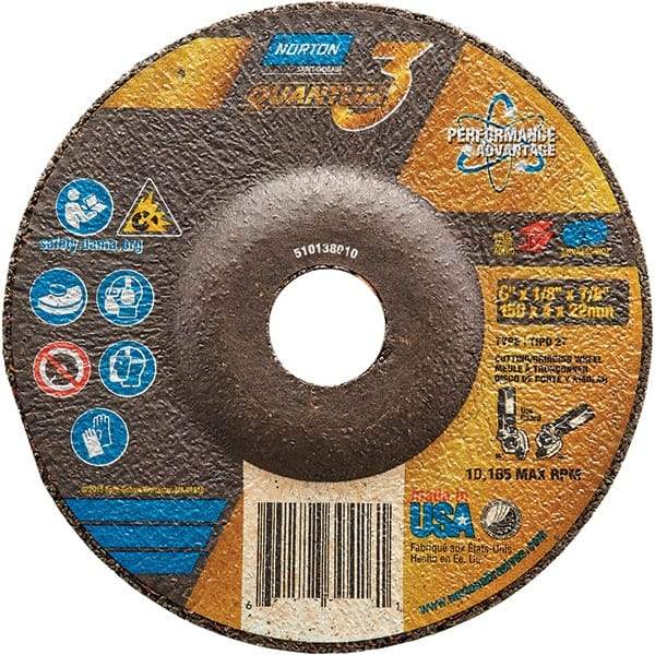 Norton - 24 Grit, 6" Wheel Diam, 1/8" Wheel Thickness, 7/8" Arbor Hole, Type 27 Depressed Center Wheel - Coarse Grade, Ceramic, Resinoid Bond, 10,185 Max RPM - USA Tool & Supply