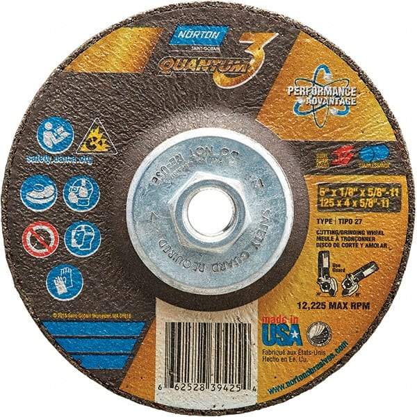 Norton - 24 Grit, 5" Wheel Diam, 1/8" Wheel Thickness, 5/8" Arbor Hole, Type 27 Depressed Center Wheel - Coarse Grade, Ceramic, Resinoid Bond, 12,225 Max RPM - USA Tool & Supply