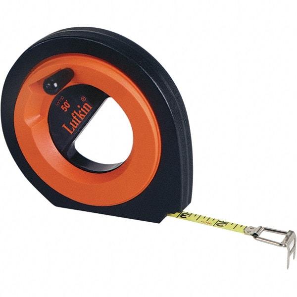 Lufkin - 164' x 3/8" Yellow Steel Blade Tape Measure - 1/8" Graduation, Inch/Metric Graduation Style, Orange/Black ABS Plastic Case - USA Tool & Supply