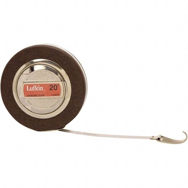 Lufkin - 20' x 3/8" White Steel Blade Tape Measure - 1, 1/10 & 1/100" Graduation, Inch Graduation Style, Brown Vinyl Clad Steel Case - USA Tool & Supply