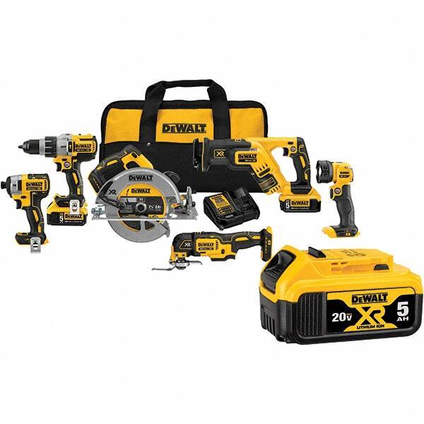 DeWALT - 20 Volt Cordless Tool Combination Kit - Includes 1/2" Brushless Hammerdrill, 1/4" Brushless Impact Driver, Brushless Reciprocating Saw, 7-1/2" Brushless Circular Saw, Oscillating Tool & LED Worklight, Lithium-Ion Battery Included - USA Tool & Supply