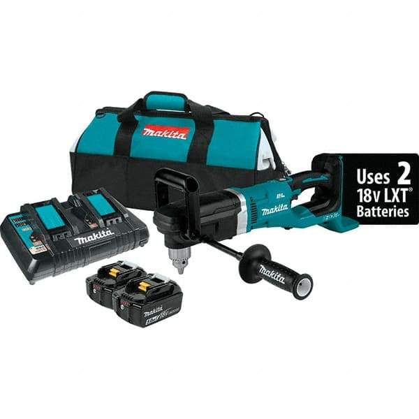 Makita - 36 Volt 1/2" Chuck Right Angle Handle Cordless Drill - 0-1400 RPM, Reversible, 2 Lithium-Ion Batteries Included - USA Tool & Supply