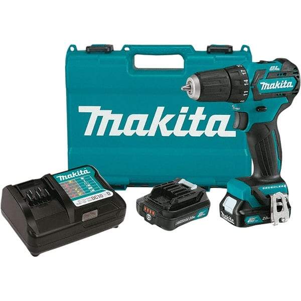 Makita - 12 Volt 3/8" Chuck Pistol Grip Handle Cordless Drill - 0-1500 RPM, Keyless Chuck, Reversible, 2 Lithium-Ion Batteries Included - USA Tool & Supply