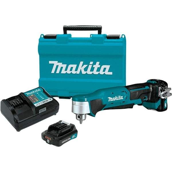 Makita - 12 Volt 3/8" Chuck Right Angle Handle Cordless Drill - 0-1100 RPM, Keyless Chuck, Reversible, 2 Lithium-Ion Batteries Included - USA Tool & Supply