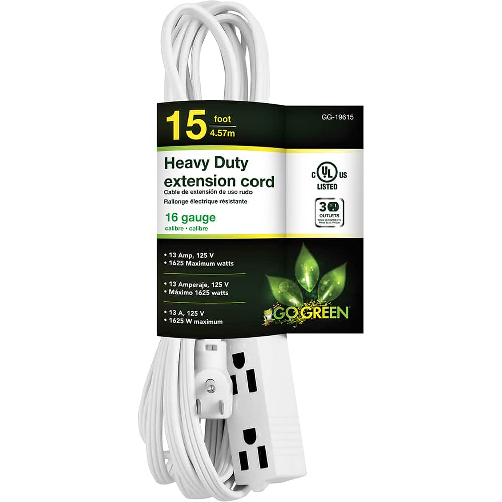 GoGreen Power - Power Cords; Cord Type: Extension Cord ; Overall Length (Feet): 15 ; Cord Color: White ; Amperage: 13 ; Voltage: 125 ; Wire Gauge/Number of Conductors: 16/3 - Exact Industrial Supply