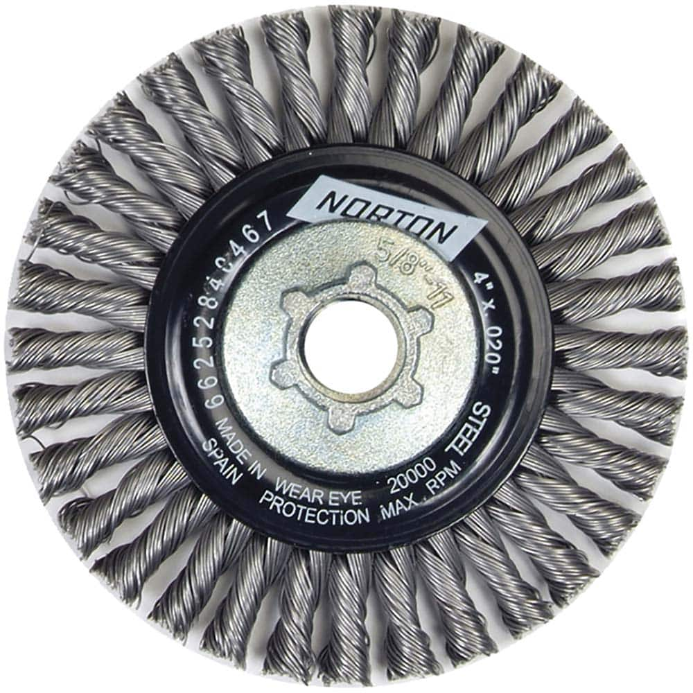 Norton - 4" OD, 5/8-11 Arbor Hole, Stringer Bead Twist Knot Carbon Wheel Brush - USA Tool & Supply