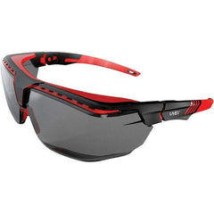 Uvex - Gray Lenses, Framed Safety Glasses - Scratch Resistant, Black/Red Frame, Adjustable Temples, Size Universal, Over the Glasses - USA Tool & Supply