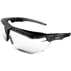 Uvex - Clear Lenses, Framed Safety Glasses - Scratch Resistant, Black Frame, Adjustable Temples, Size Universal, Over the Glasses - USA Tool & Supply