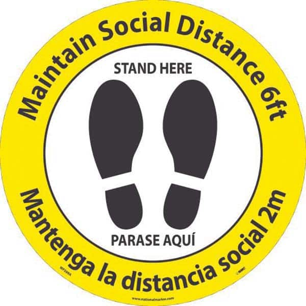 Adhesive Backed Floor Signs; Message Type: COVID-19; Graphic Type: Shoeprints; Message or Graphic: Message & Graphic; Legend: Maintain Social Distance 6Ft Stand Here, Mantenga La Distancia Social 2M Parase Aqui; Color: White; Yellow; Black; Special Color