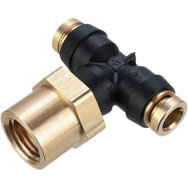 Parker - Plastic Push-To-Connect Tube Fittings Type: Female Branch Tee Swivel Tube Outside Diameter (Inch): 1/4 x 1/4 - USA Tool & Supply